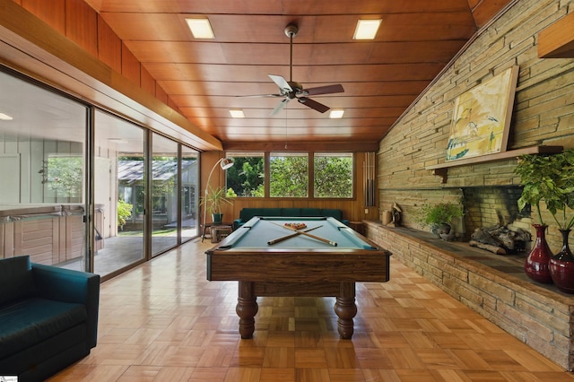 game room featuring pool table, wood ceiling, vaulted ceiling, and a ceiling fan