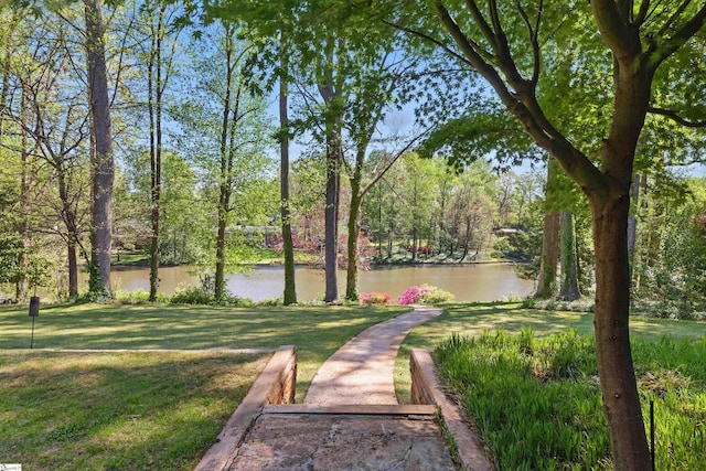 view of property's community featuring a water view and a lawn