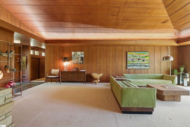 interior space featuring wood walls, wooden ceiling, and carpet