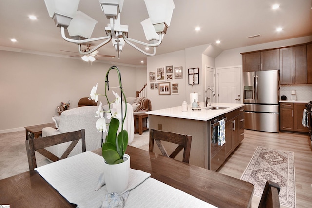 dining room featuring visible vents, ceiling fan, recessed lighting, and light wood-style floors