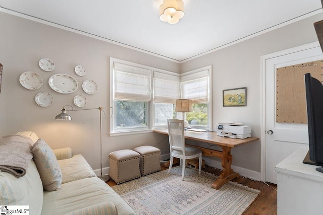 office with ornamental molding, baseboards, and wood finished floors