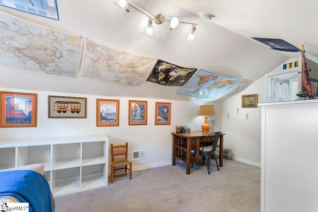 playroom with carpet flooring, visible vents, baseboards, and vaulted ceiling