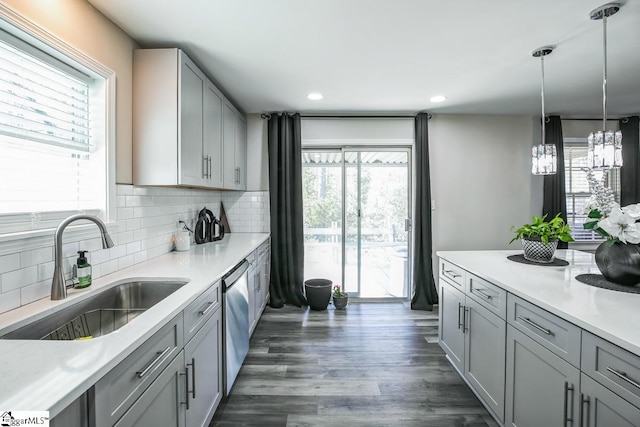 302 Pamela Ln, Laurens, SC 29360 - kitchen with dishwasher, a sink, recessed lighting, gray cabinetry, and decorative backsplash