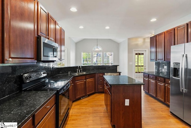 kitchen with a wealth of natural light, light wood-style flooring, a peninsula, a sink, and stainless steel appliances