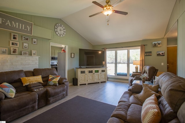 4041 N 101st Hwy, Greer, SC 29651 - living area featuring wooden walls, ceiling fan, wood finished floors, and lofted ceiling