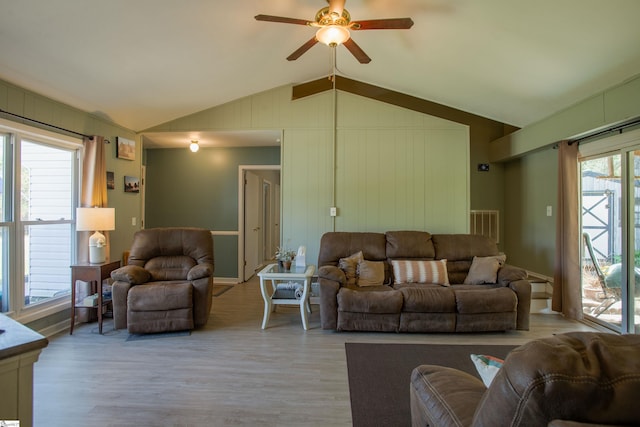 4041 N 101st Hwy, Greer, SC 29651 - living room featuring light wood finished floors, visible vents, ceiling fan, and vaulted ceiling