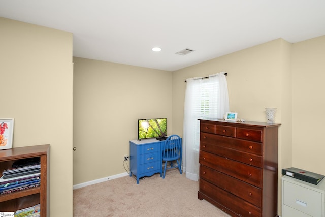 interior space featuring light carpet, baseboards, visible vents, and recessed lighting