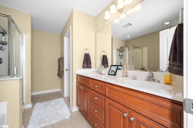 full bath with a shower stall, tile patterned flooring, visible vents, and a sink