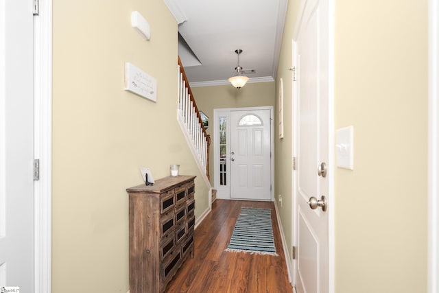 doorway featuring baseboards, crown molding, stairs, visible vents, and dark wood finished floors