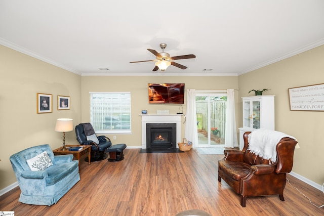 living room featuring ornamental molding, ceiling fan, wood finished floors, and a fireplace with flush hearth