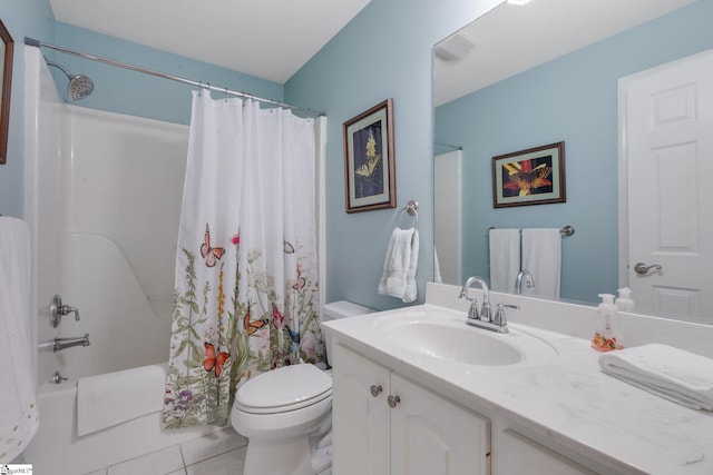 bathroom with shower / bath combo, tile patterned flooring, vanity, and toilet