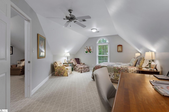 carpeted bedroom featuring visible vents, baseboards, a ceiling fan, and vaulted ceiling