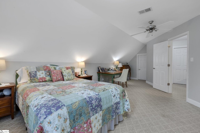 bedroom with a ceiling fan, visible vents, carpet floors, lofted ceiling, and baseboards