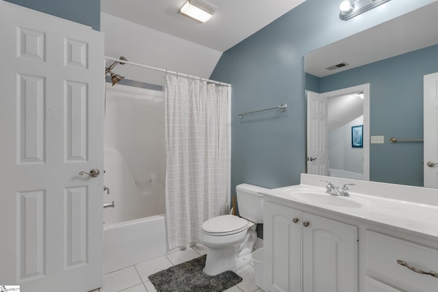 bathroom featuring vanity, visible vents, toilet, shower / tub combo, and tile patterned floors