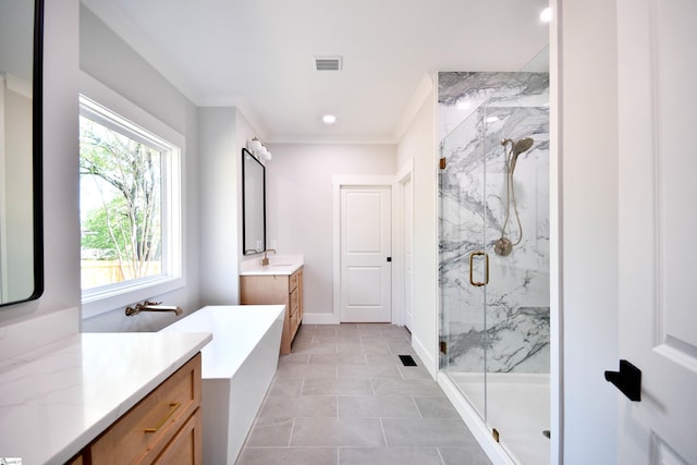 full bath with crown molding, vanity, visible vents, recessed lighting, and a marble finish shower