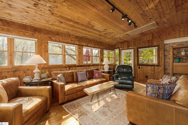 living room with wooden ceiling, wood walls, rail lighting, and hardwood / wood-style flooring