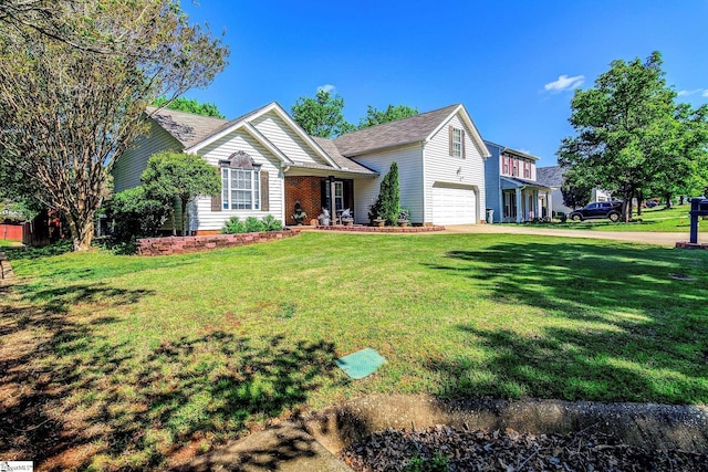 view of front of home with a front yard, driveway, and a garage