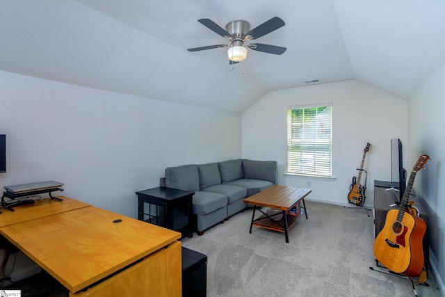 living area with visible vents, baseboards, a ceiling fan, light carpet, and lofted ceiling