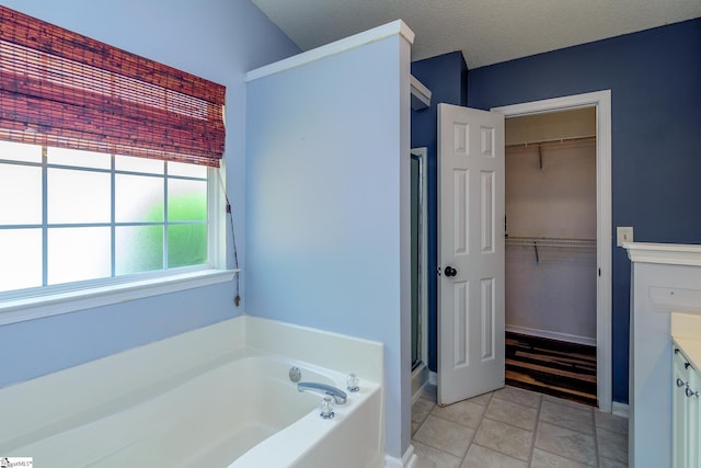 bathroom with an enclosed shower, a garden tub, vanity, and a walk in closet
