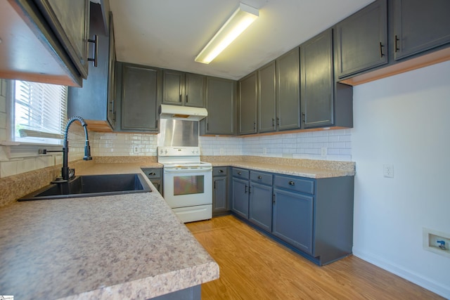 kitchen with light wood-style floors, under cabinet range hood, a sink, and white range with electric cooktop