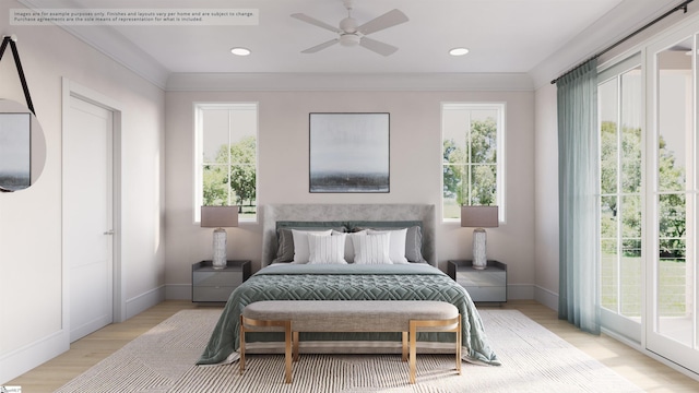 bedroom with baseboards, light wood-type flooring, ceiling fan, and recessed lighting