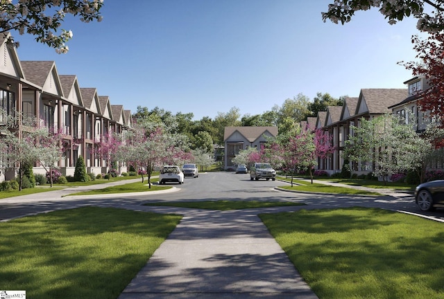 view of road with a residential view and sidewalks