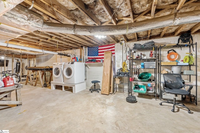 unfinished basement with separate washer and dryer