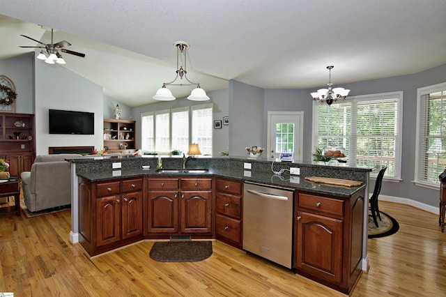 kitchen featuring a sink, stainless steel dishwasher, light wood-type flooring, and plenty of natural light