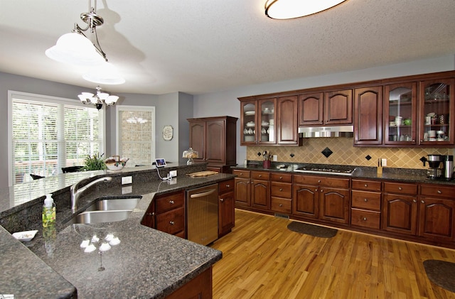 kitchen featuring light wood-style floors, under cabinet range hood, appliances with stainless steel finishes, a sink, and a notable chandelier