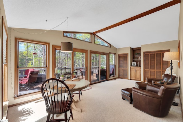 323 Long Reach Dr, Salem, SC 29676 - living room with high vaulted ceiling, visible vents, carpet floors, built in shelves, and beam ceiling
