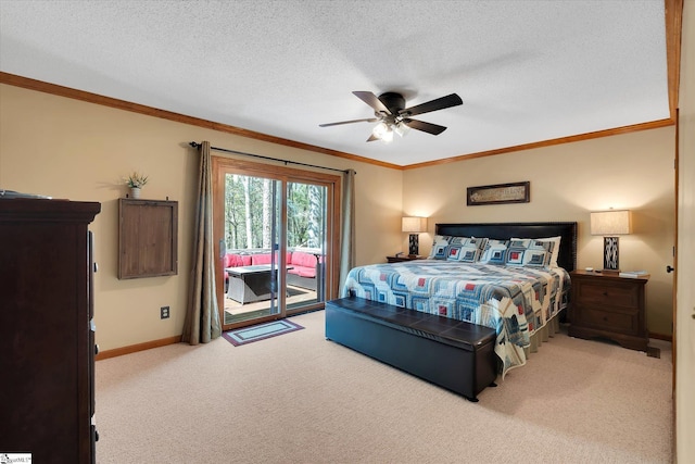 323 Long Reach Dr, Salem, SC 29676 - carpeted bedroom featuring access to outside, baseboards, ornamental molding, a textured ceiling, and ceiling fan