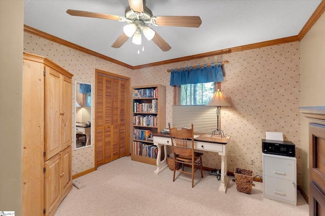 323 Long Reach Dr, Salem, SC 29676 - office featuring baseboards, ceiling fan, crown molding, wallpapered walls, and light colored carpet