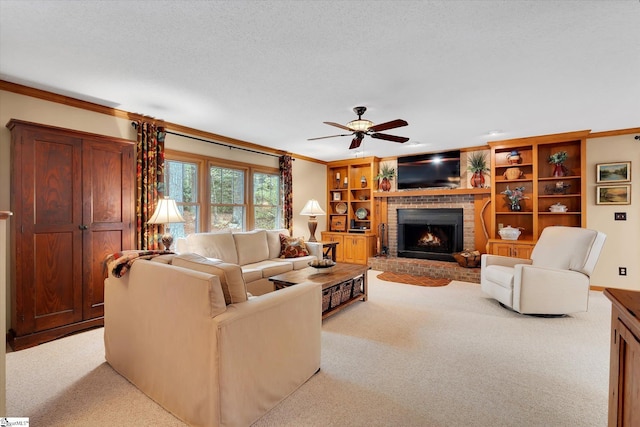 323 Long Reach Dr, Salem, SC 29676 - living area with a fireplace, carpet, crown molding, and a ceiling fan