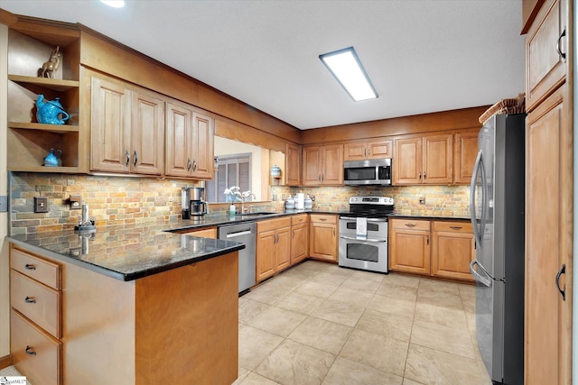 323 Long Reach Dr, Salem, SC 29676 - kitchen with tasteful backsplash, a peninsula, open shelves, a sink, and stainless steel appliances