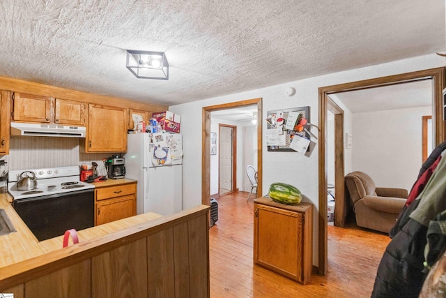 525 Firetower Rd, Williamston, SC 29697 - kitchen featuring white appliances, light wood-style flooring, a textured ceiling, a peninsula, and under cabinet range hood