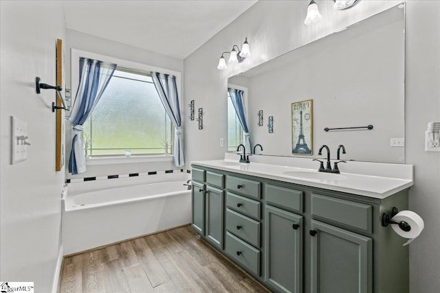 bathroom with a sink, a bath, double vanity, and wood finished floors