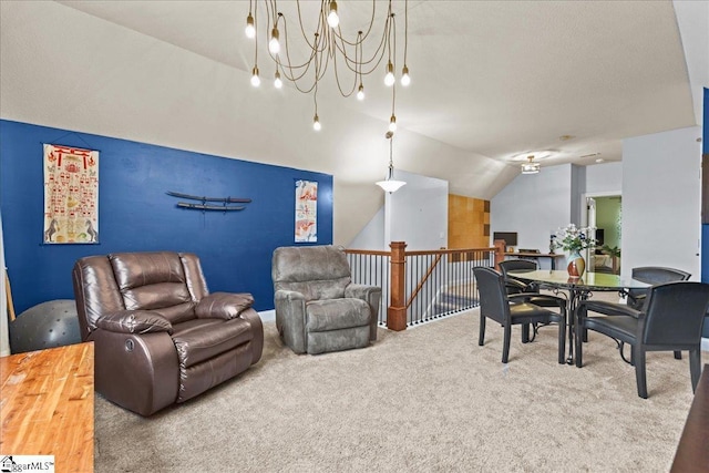 carpeted dining room featuring a chandelier and vaulted ceiling
