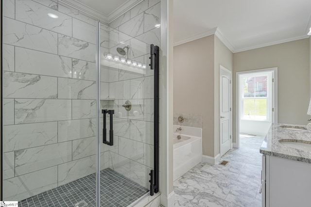 full bath featuring ornamental molding, a shower stall, vanity, marble finish floor, and a garden tub