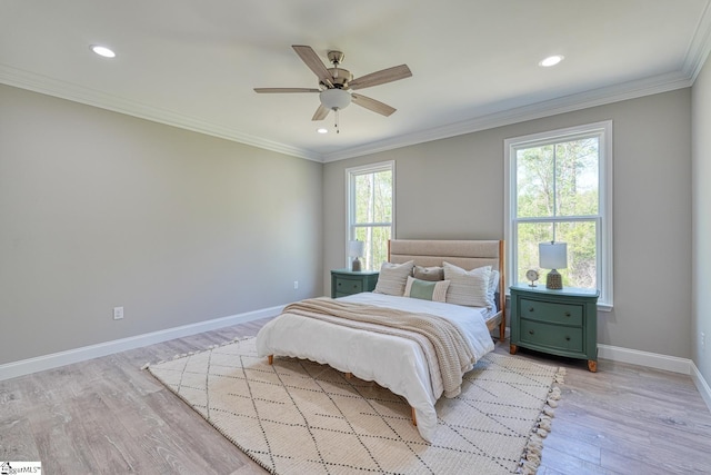 bedroom featuring ornamental molding, baseboards, light wood finished floors, and recessed lighting