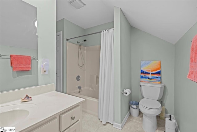 bathroom with vanity, tile patterned floors, toilet, visible vents, and shower / bath combo with shower curtain
