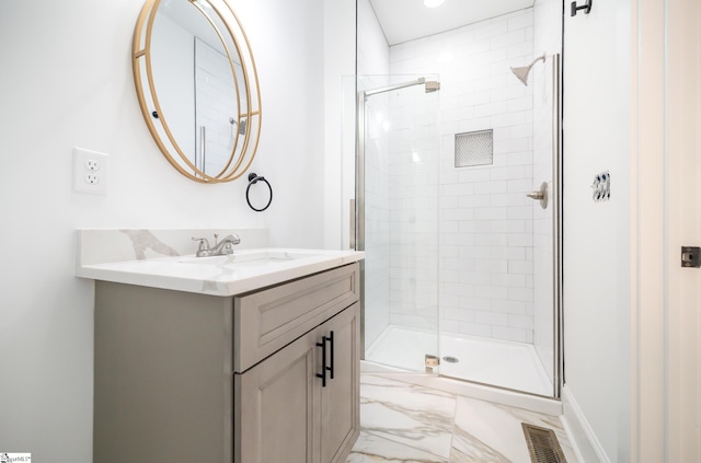 111 Taylor St, Greenville, SC 29601 - bathroom featuring visible vents, marble finish floor, vanity, and a stall shower