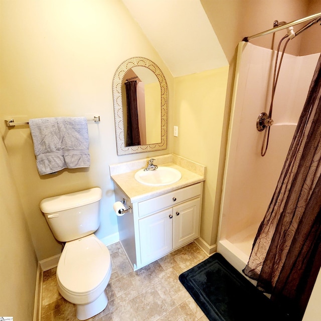 670 Secretariat Dr, Boiling Springs, SC 29316 - bathroom with vanity, baseboards, a stall shower, toilet, and lofted ceiling