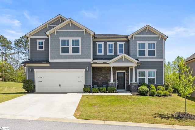 901 Whitemarsh Ave, Simpsonville, SC 29680 - craftsman inspired home featuring a front yard, driveway, stone siding, and an attached garage