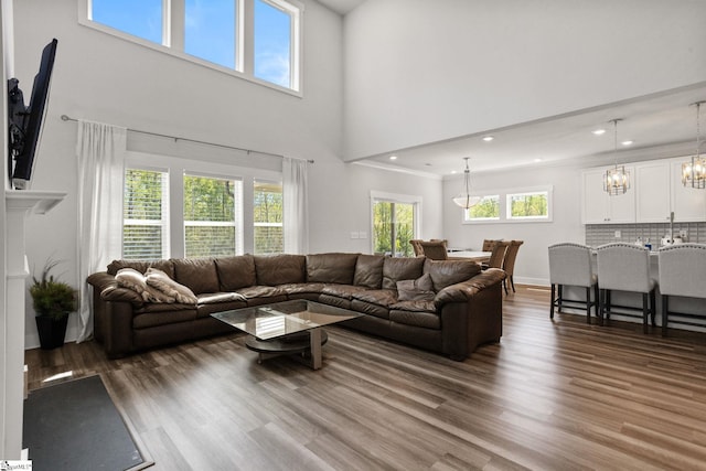901 Whitemarsh Ave, Simpsonville, SC 29680 - living area with a chandelier, recessed lighting, dark wood-type flooring, and a high ceiling