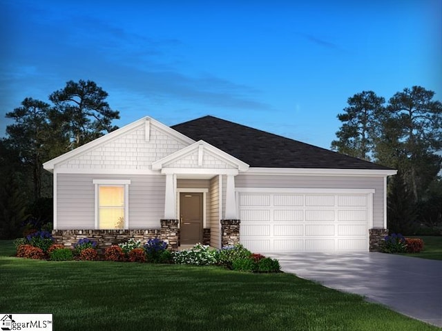 view of front of property featuring an attached garage, concrete driveway, stone siding, and a front lawn