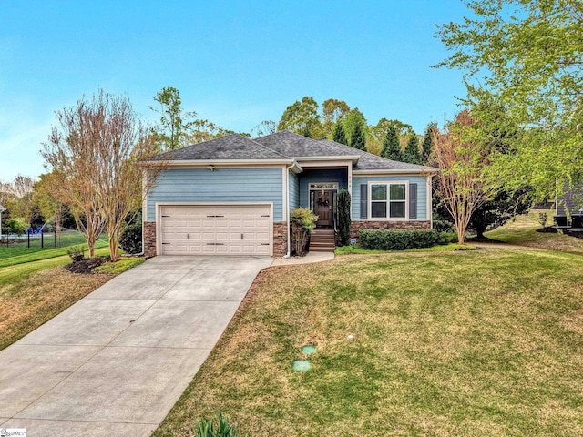 single story home with a front yard, driveway, stone siding, and a garage