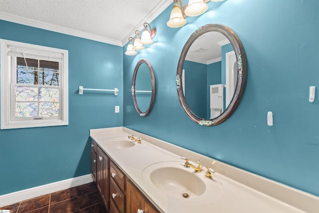 bathroom featuring baseboards, double vanity, a textured ceiling, and a sink