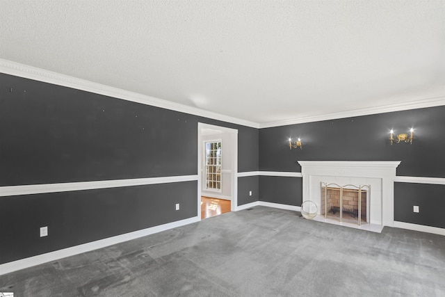 unfurnished living room with crown molding, baseboards, a textured ceiling, and carpet floors
