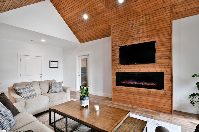 1337 Millrock Church Rd, Gray Court, SC 29645 - living area with wood ceiling, high vaulted ceiling, a glass covered fireplace, and recessed lighting