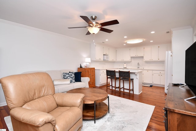 1337 Millrock Church Rd, Gray Court, SC 29645 - living room featuring crown molding, wood finished floors, a ceiling fan, and recessed lighting